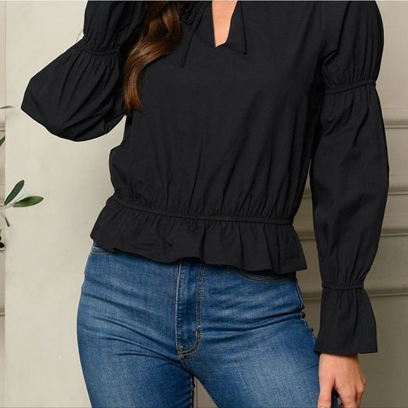 LONG SLEEVE SMOCK FRONT TIE TOP - Picture 2 of 3